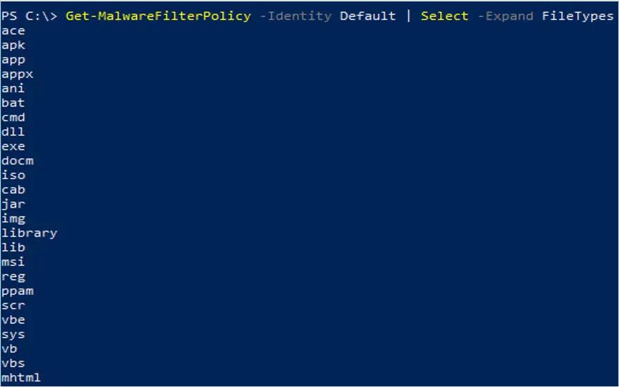 Get-MalwareFilterPolicy output listing every blocked file extension