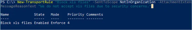 New-TransportRule creating the Block xls files rule with a rejection message