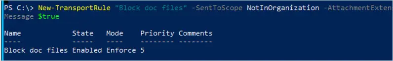 New-TransportRule creating the Block doc files rule that deletes the message