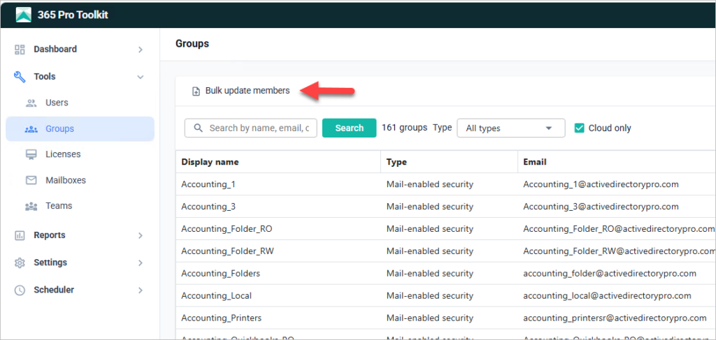 365 Pro Toolkit Groups menu with Bulk update members selected