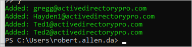 Script output confirming in green which users were added to the group