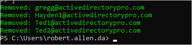 Script output confirming in green which users were removed from the group