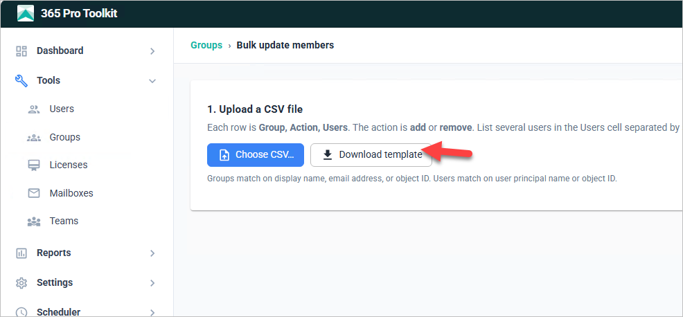 Bulk update members screen with the download CSV template button