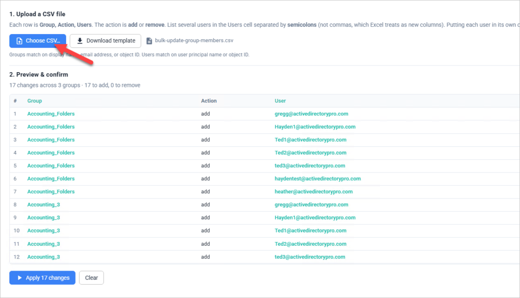 Preview of the pending group membership changes read from the CSV