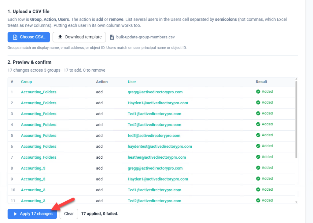 Result column showing the outcome for each user after applying changes