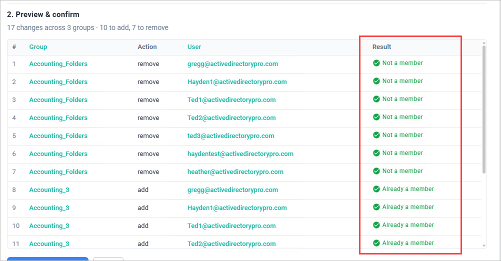 Results showing Already a member and Not a member messages for skipped rows