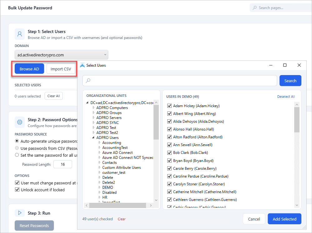 select users or use a csv file
