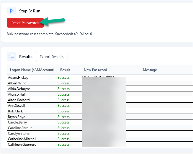 run password reset for selected users