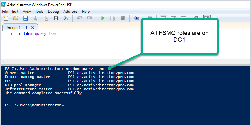 netdom query fsmo output showing all five roles on one domain controller