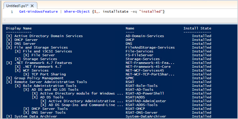 Get-WindowsFeature output listing the roles installed on the server