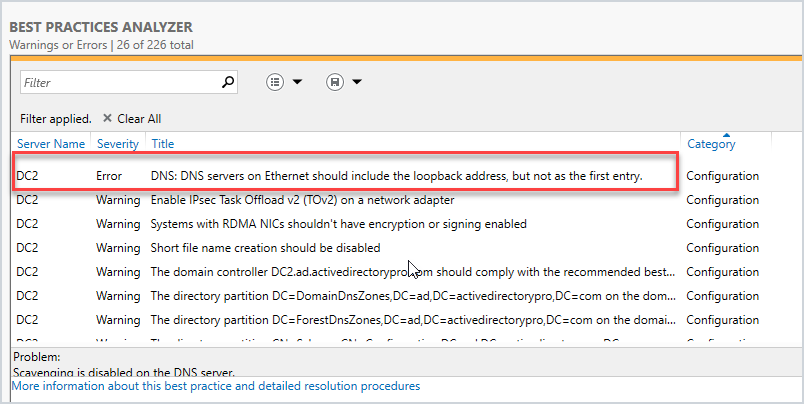 Best Practices Analyzer scan results for the domain controller
