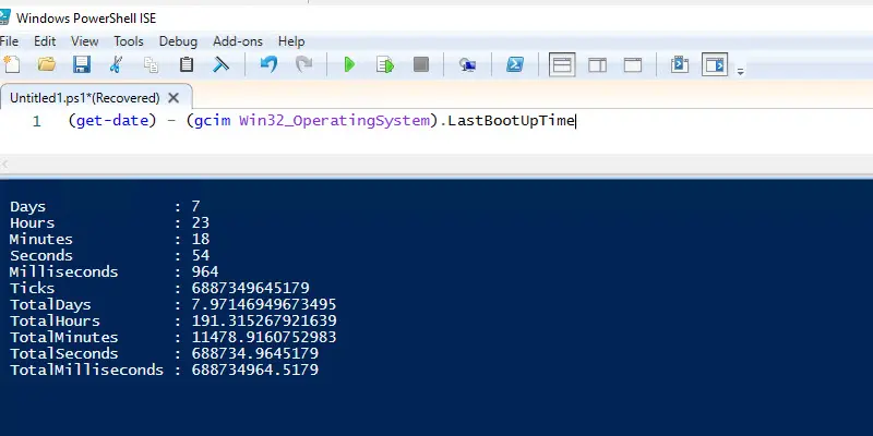 PowerShell subtracting the last boot time to show days, hours, and minutes of uptime