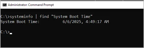 systeminfo filtered to show the system boot time