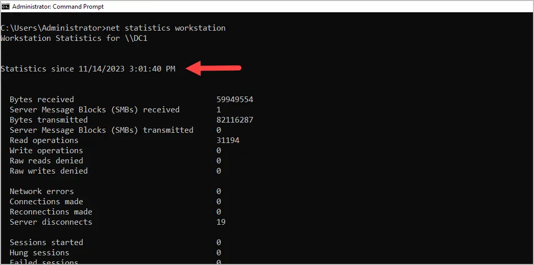 net statistics workstation output with the statistics since date at the top
