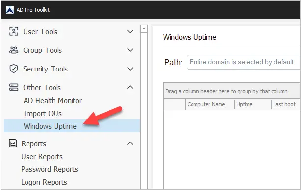 AD Pro Toolkit Other Tools menu with Windows Uptime selected