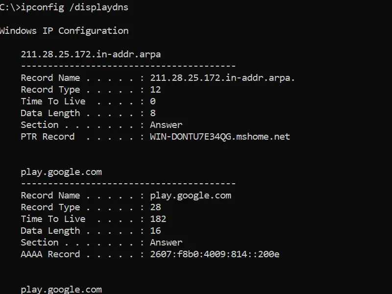 ipconfig /displaydns output listing the local DNS cache entries