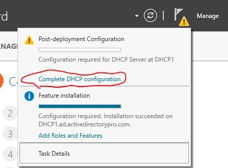 Server Manager notification flag with Complete DHCP configuration selected