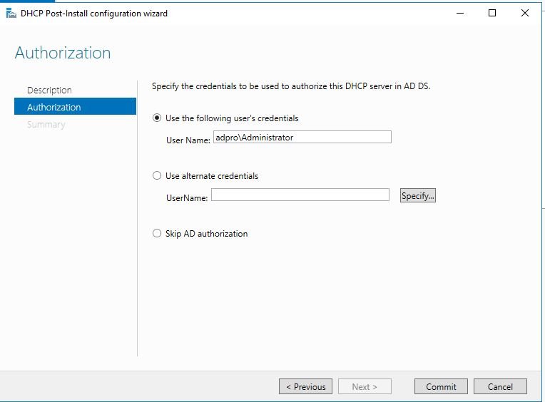 Authorization page of the post-install wizard using AD credentials