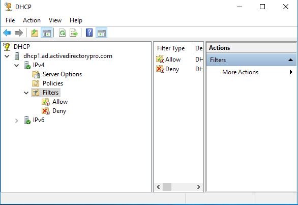 DHCP management console with the IPv4 and IPv6 nodes for the new server