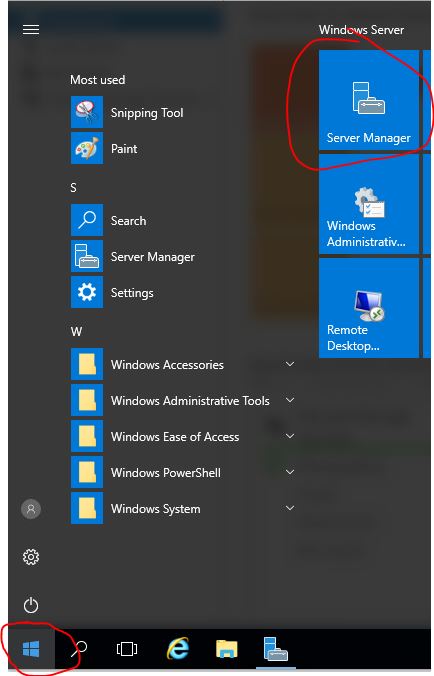 Windows Server start menu with Server Manager selected