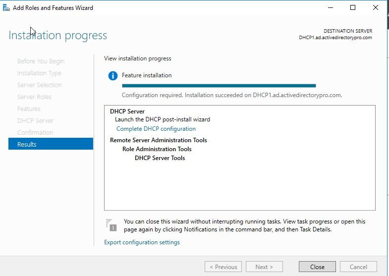 Installation progress page reporting that the DHCP role install succeeded