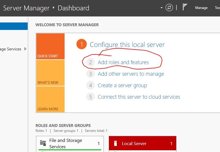 Server Manager dashboard with Add roles and features selected