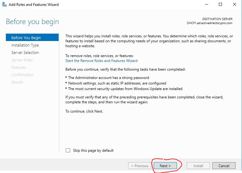 Before you begin page of the Add Roles and Features Wizard