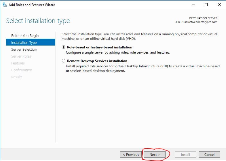 Installation type page with Role-based or feature-based installation selected
