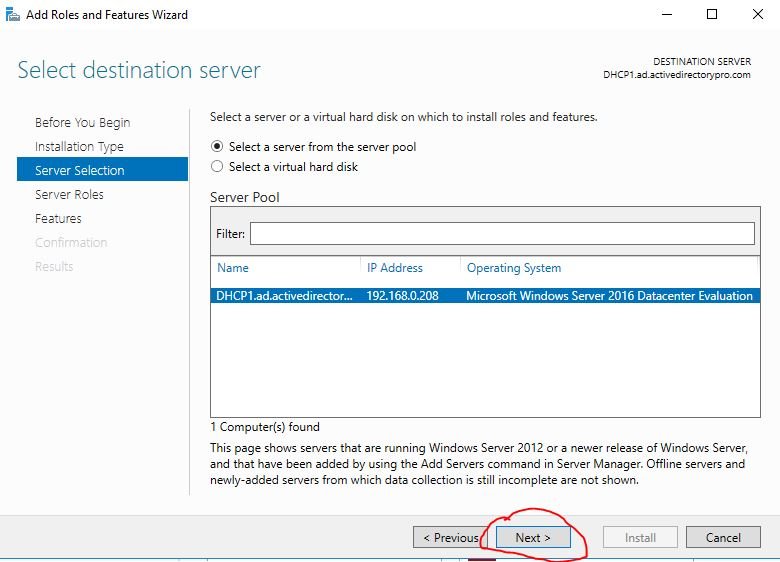 Server selection page with the local server chosen as the destination
