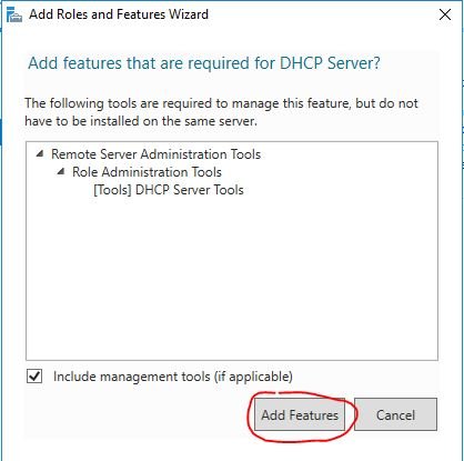 Prompt to add the features required by the DHCP Server role