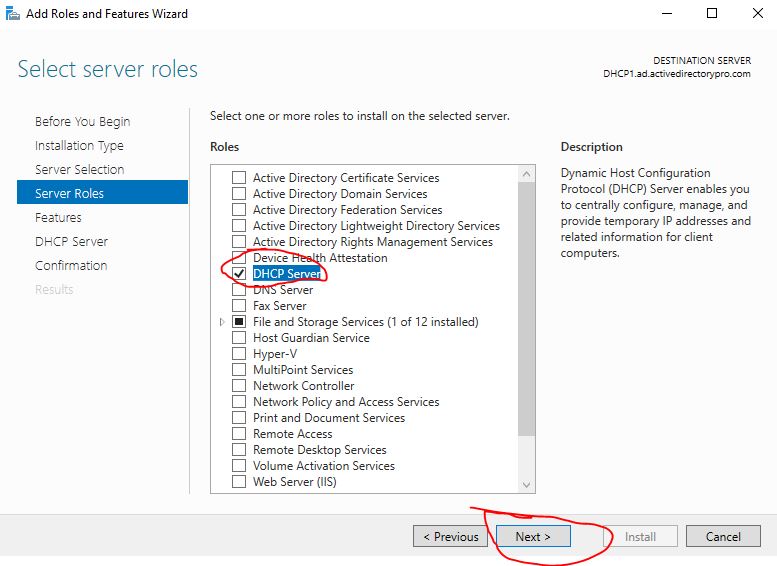 Select server roles page with DHCP Server checked