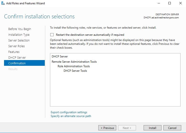 Confirmation page with the option to restart the server automatically if required