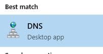 Windows Server search box with DNS typed in to open the DNS console