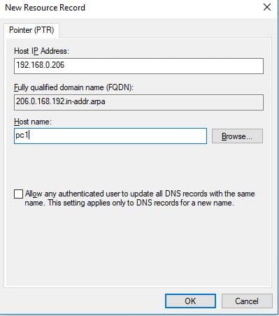 New Resource Record dialog with the host IP address and host name filled in