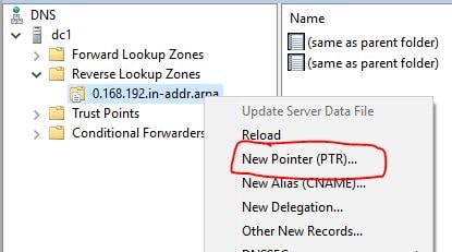 Reverse lookup zone right clicked with New Pointer PTR selected