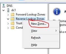 DNS console with Reverse Lookup Zones right clicked and New Zone selected