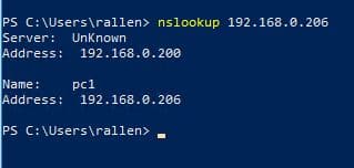 PowerShell running nslookup against the IP address and returning the host name