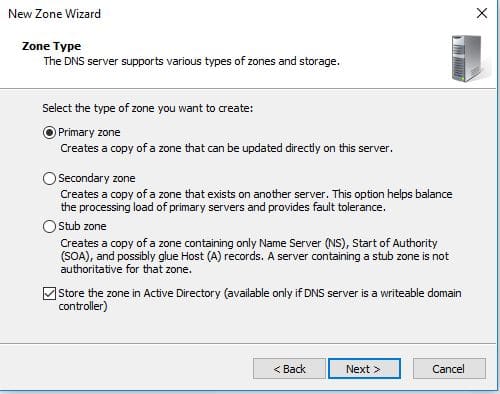 New Zone Wizard zone type page with Primary zone selected