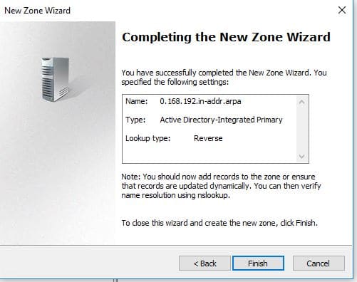 Final page of the New Zone Wizard summarizing the reverse lookup zone settings