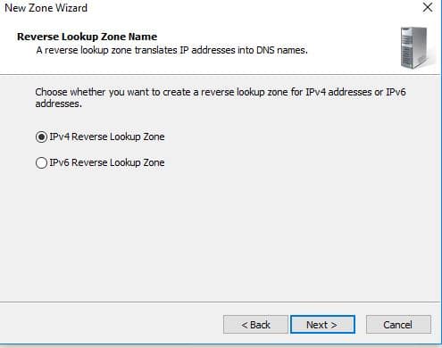 Wizard page with IPv4 Reverse Lookup Zone selected