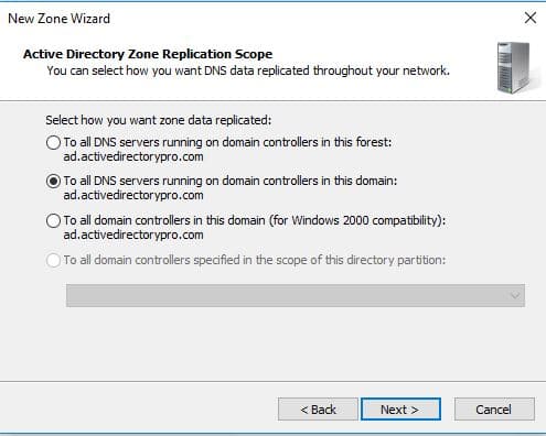 Replication scope page set to all DNS servers running on domain controllers in the domain