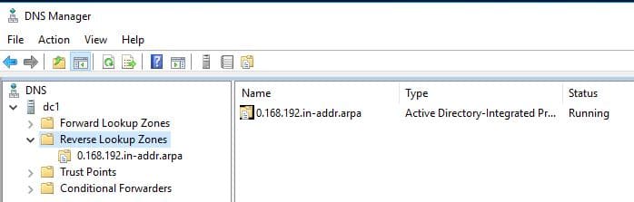 DNS console listing the new reverse lookup zone with the subnet shown in reverse