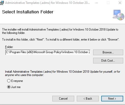 Administrative template files extracted to a folder on the local computer