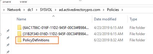 New PolicyDefinitions folder created in the SYSVOL Policies directory