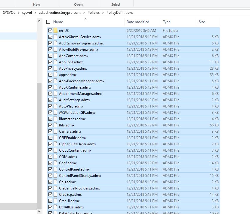 Template files copied into the PolicyDefinitions folder in SYSVOL