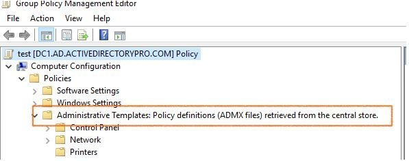 Administrative Templates node reporting definitions retrieved from the central store
