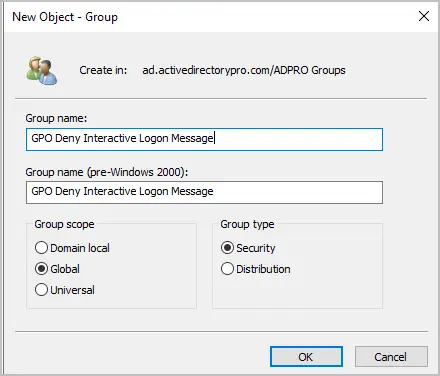 New security group created for computers that should skip the logon message