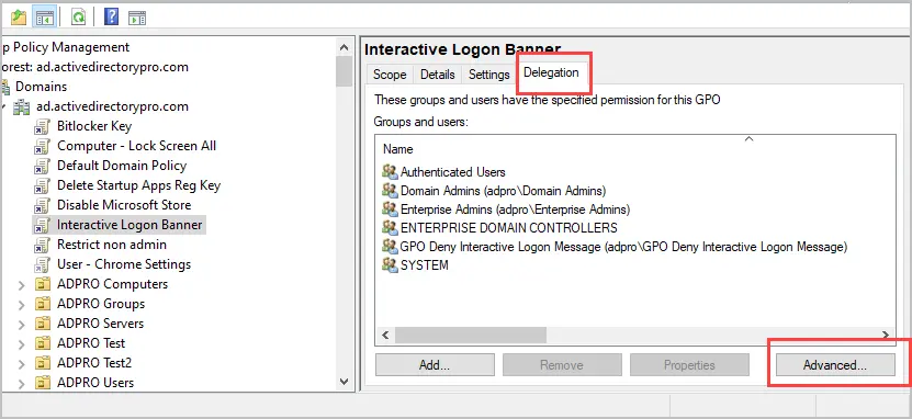 Delegation tab of the GPO with the Advanced button