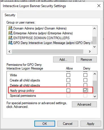 Group permissions with Apply group policy set to Deny