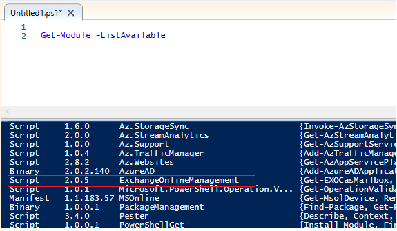 Module list with ExchangeOnlineManagement showing as installed